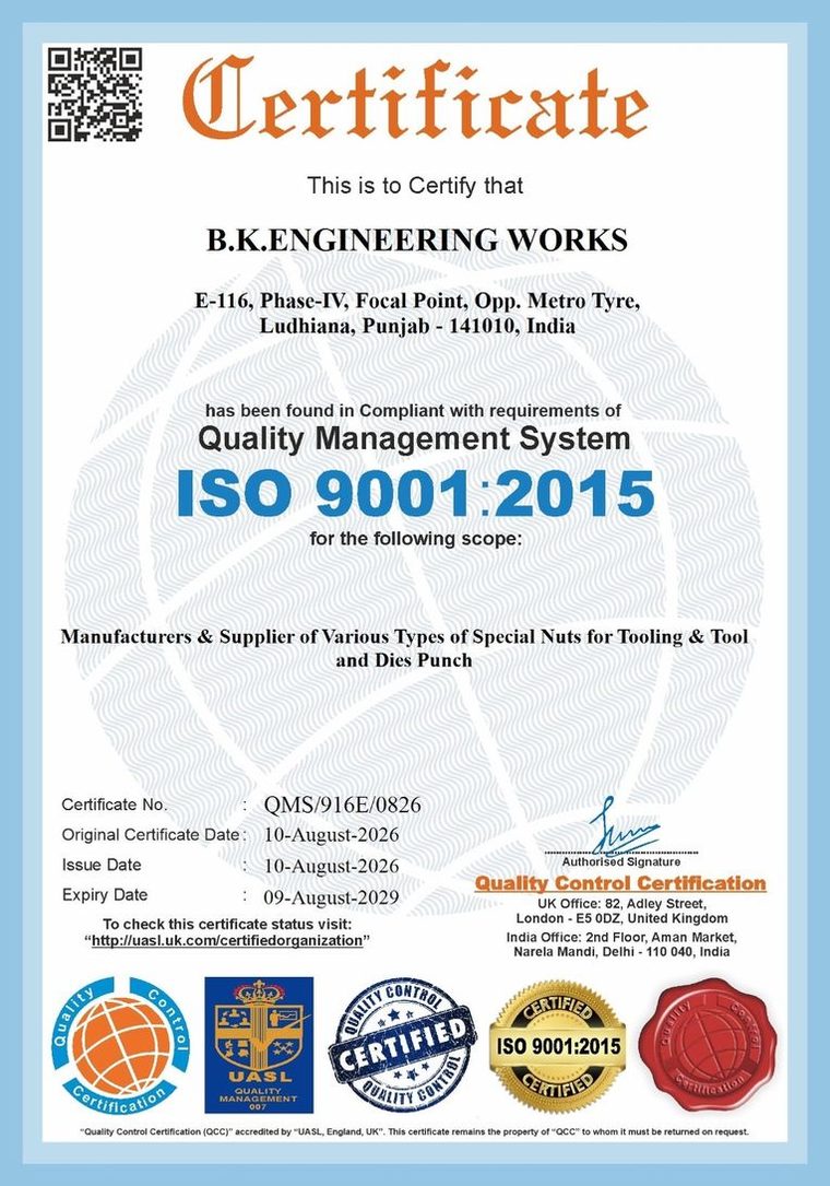 ISO 9001:2015 certificate issued to BK Engineering Works
